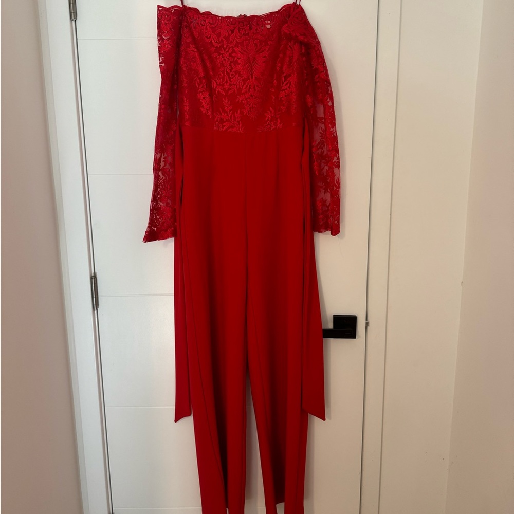 Red one piece jumpsuit with lace top with tags
